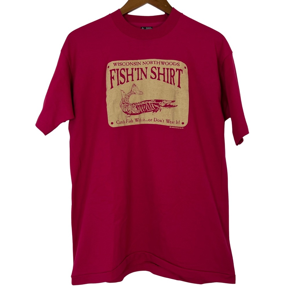 Vintage Fruit of the Loom Pink Wisconsin Northwoods Fishing Graphic Tee 1996 L